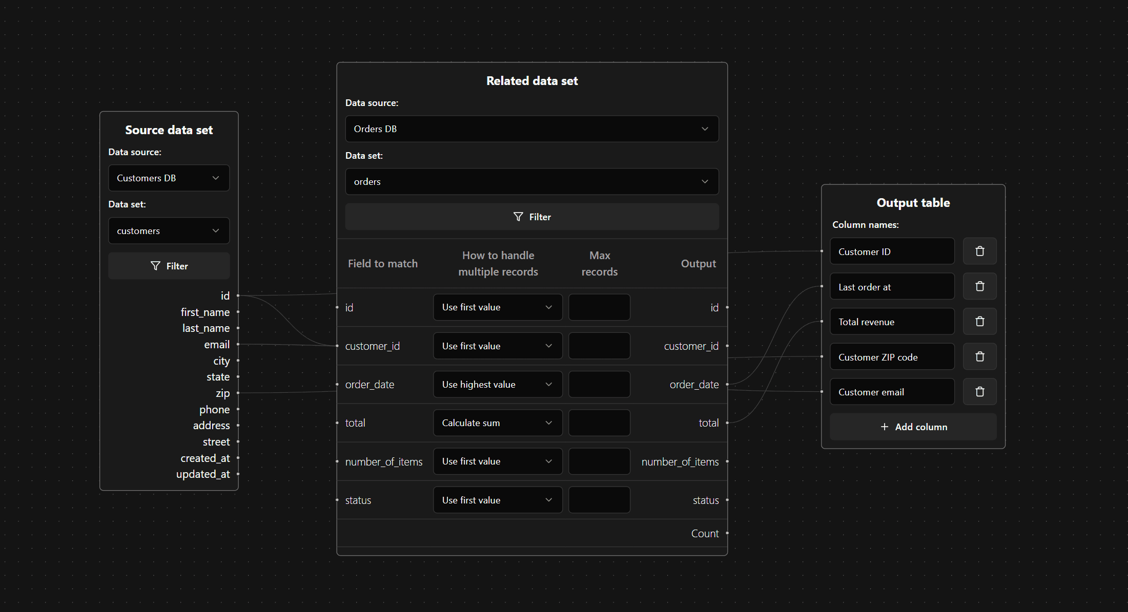 Data connection interface showing drag and drop functionality